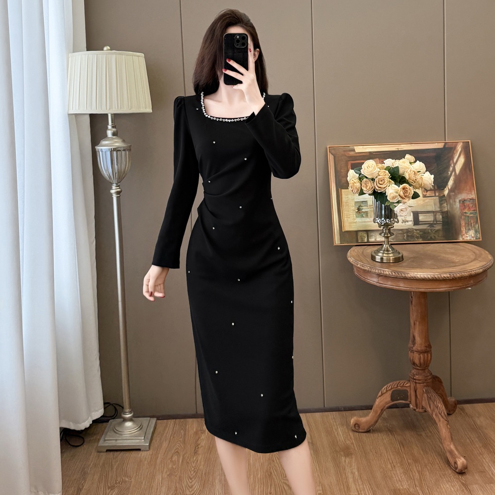 Rhinestone Hepburn style square collar dress