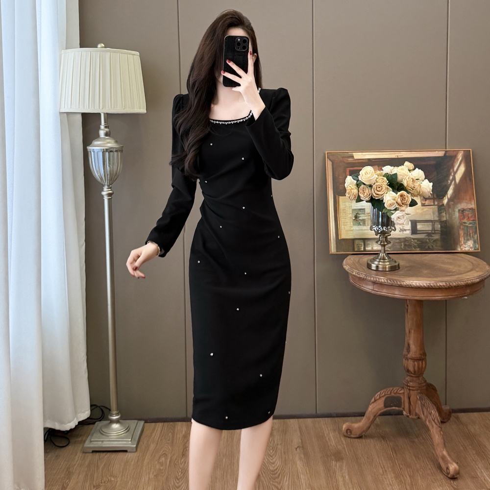 Rhinestone Hepburn style square collar dress