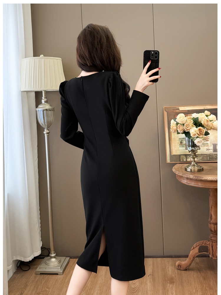 Rhinestone Hepburn style square collar dress