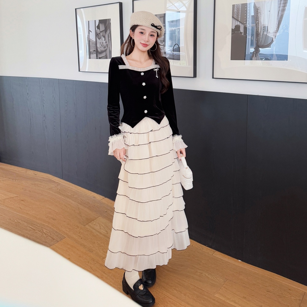 Retro autumn and winter skirt France style tops 2pcs set