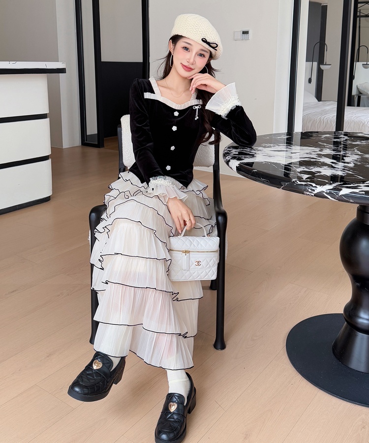 Retro autumn and winter skirt France style tops 2pcs set