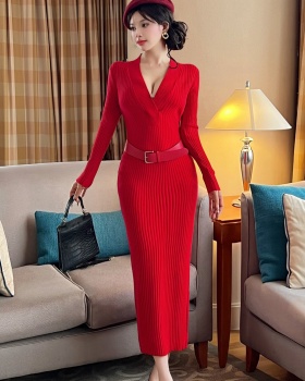 Knitted red sweater V-neck long dress for women