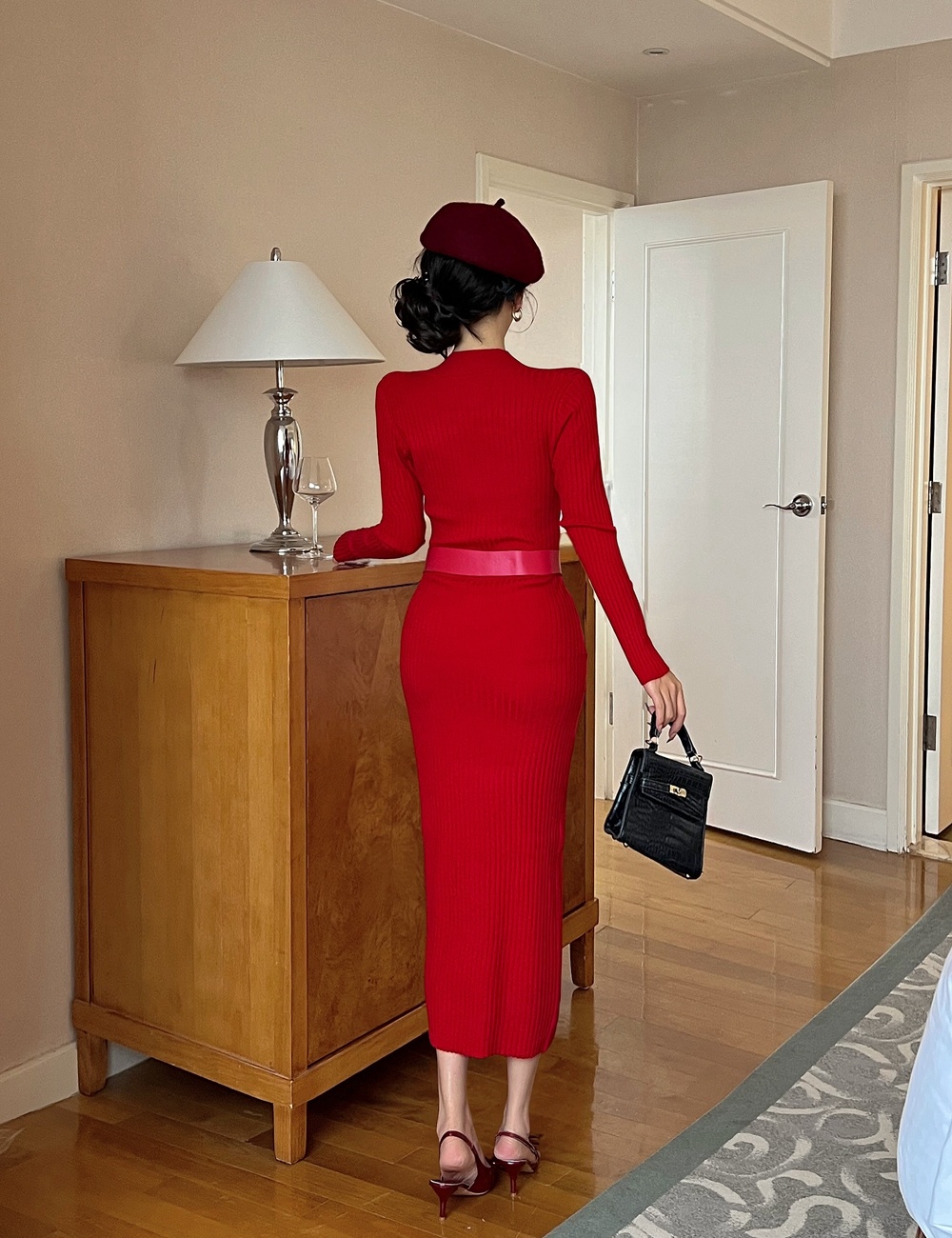 Knitted red sweater V-neck long dress for women