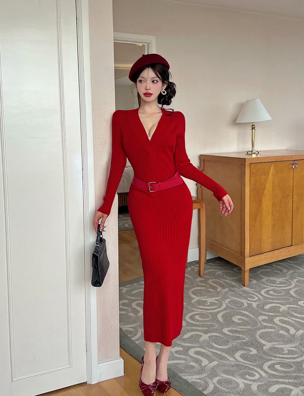 Knitted red sweater V-neck long dress for women