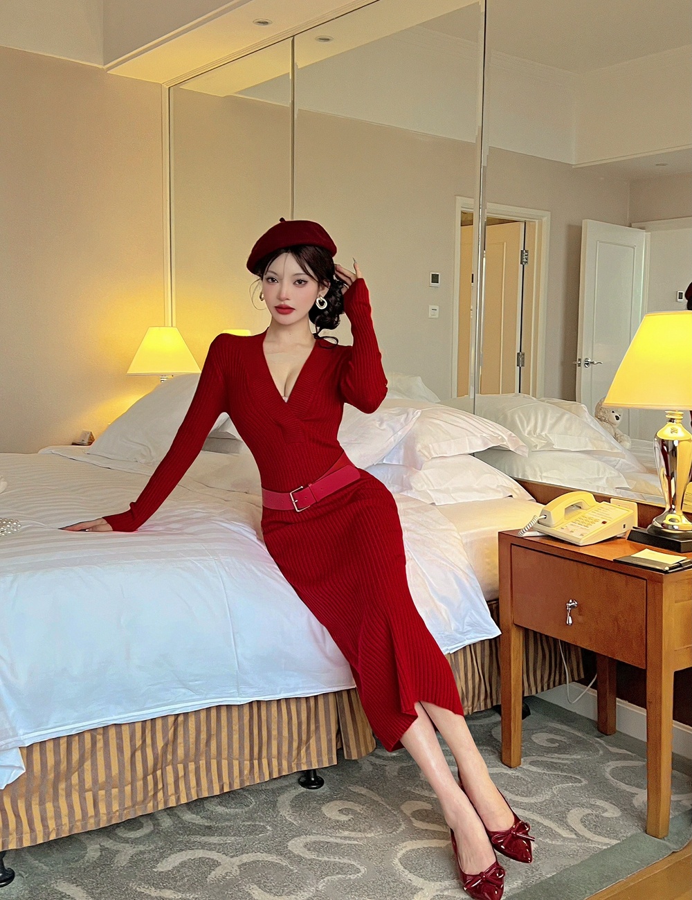 Knitted red sweater V-neck long dress for women