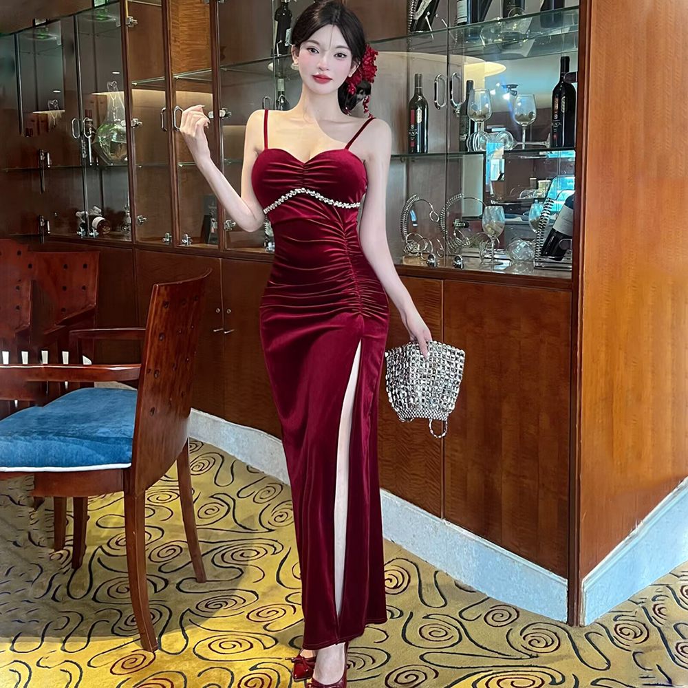 Pinched waist ladies formal dress sling V-neck long dress