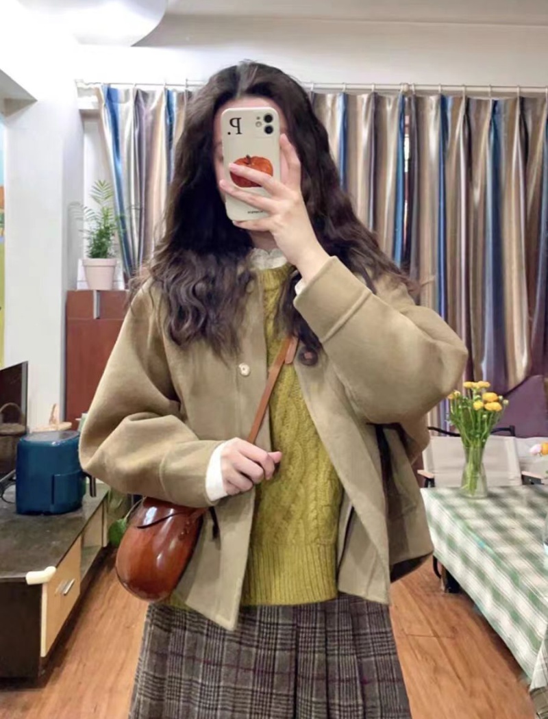 Lapel show young coat retro short woolen coat for women