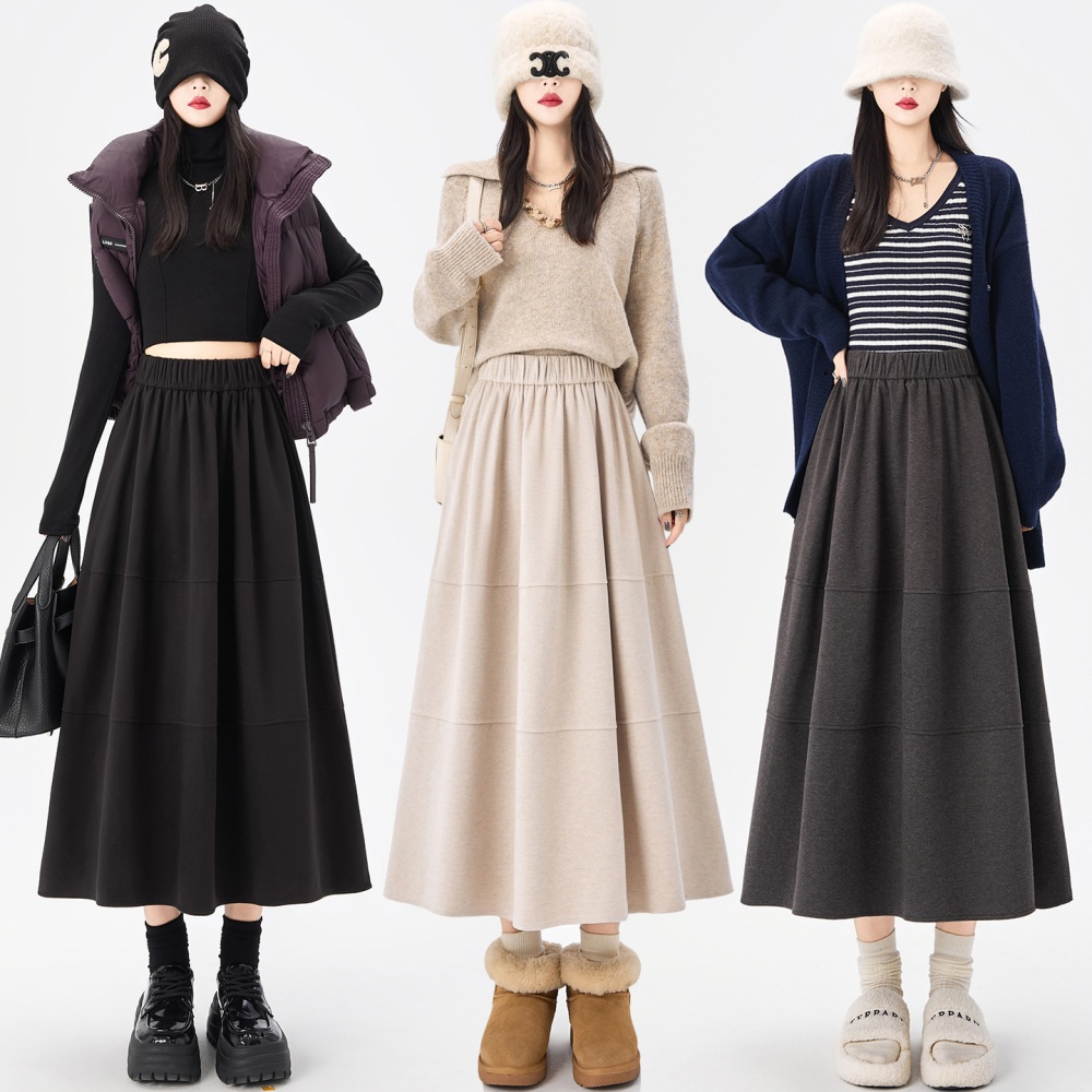 Woolen slim elastic waist bud A-line skirt for women