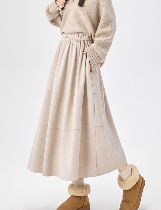 Woolen slim elastic waist bud A-line skirt for women
