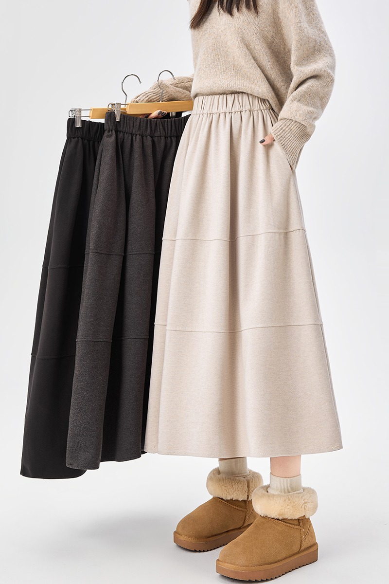 Woolen slim elastic waist bud A-line skirt for women