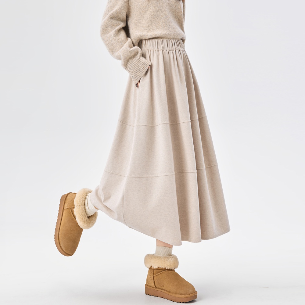 Woolen slim elastic waist bud A-line skirt for women