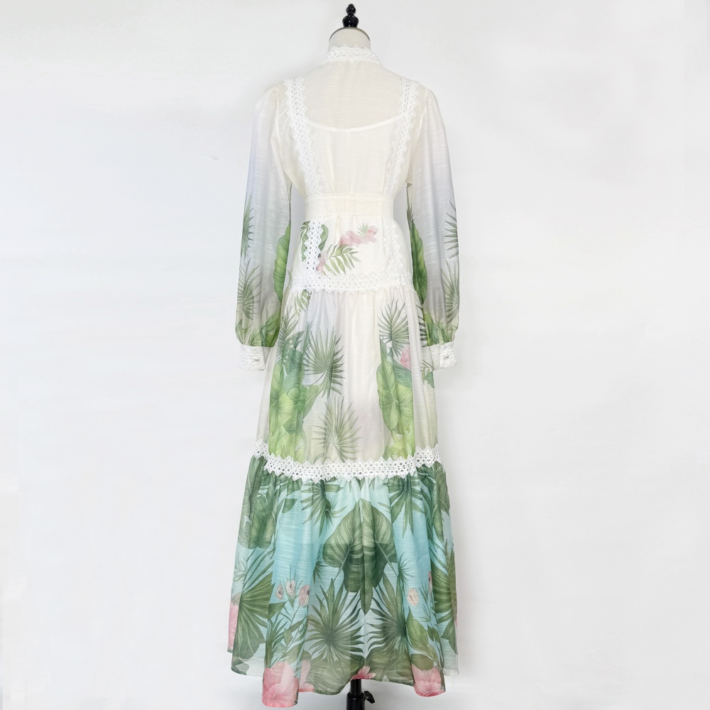 Elegant frenum long dress European style lantern sleeve dress