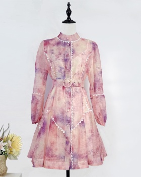 Lantern printing cstand collar art light luxury dress