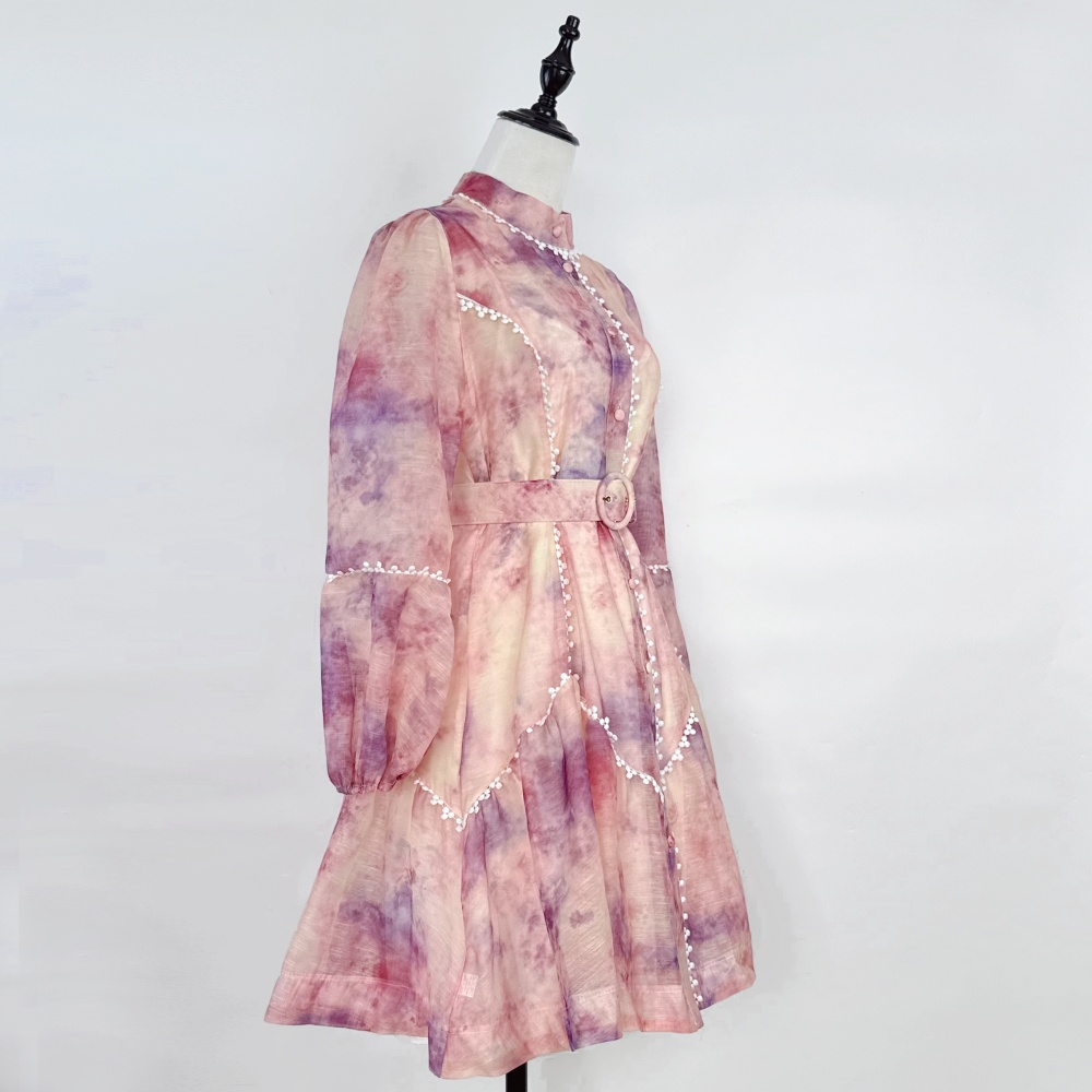 Lantern printing cstand collar art light luxury dress