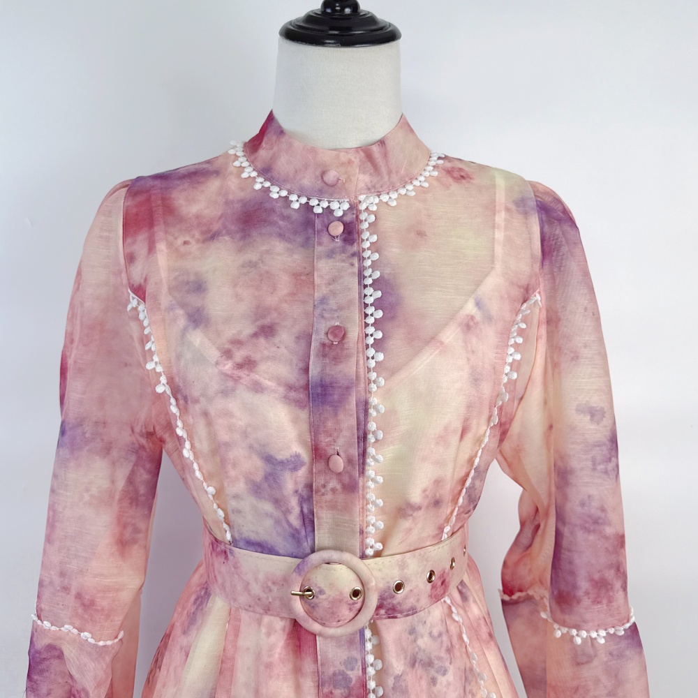 Lantern printing cstand collar art light luxury dress