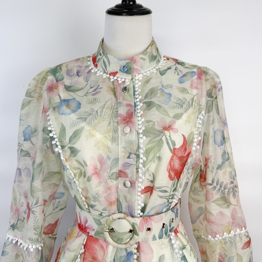 Lantern printing cstand collar art light luxury dress