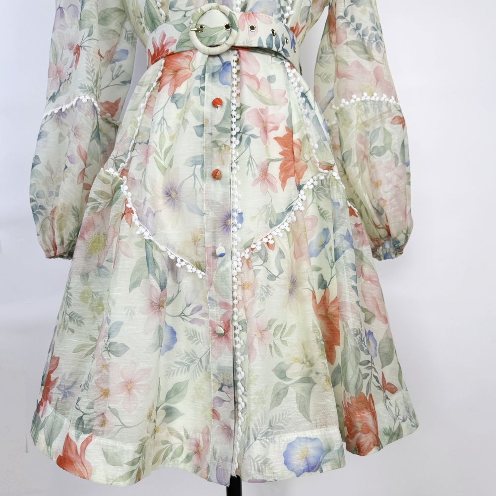 Lantern printing cstand collar art light luxury dress