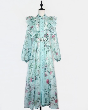 Splice lotus leaf edges belt lace light luxury dress