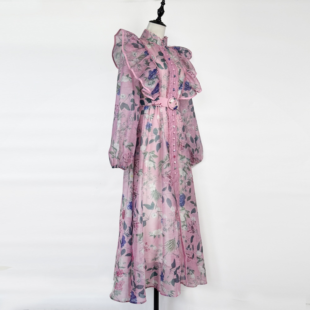 Splice lotus leaf edges belt lace light luxury dress