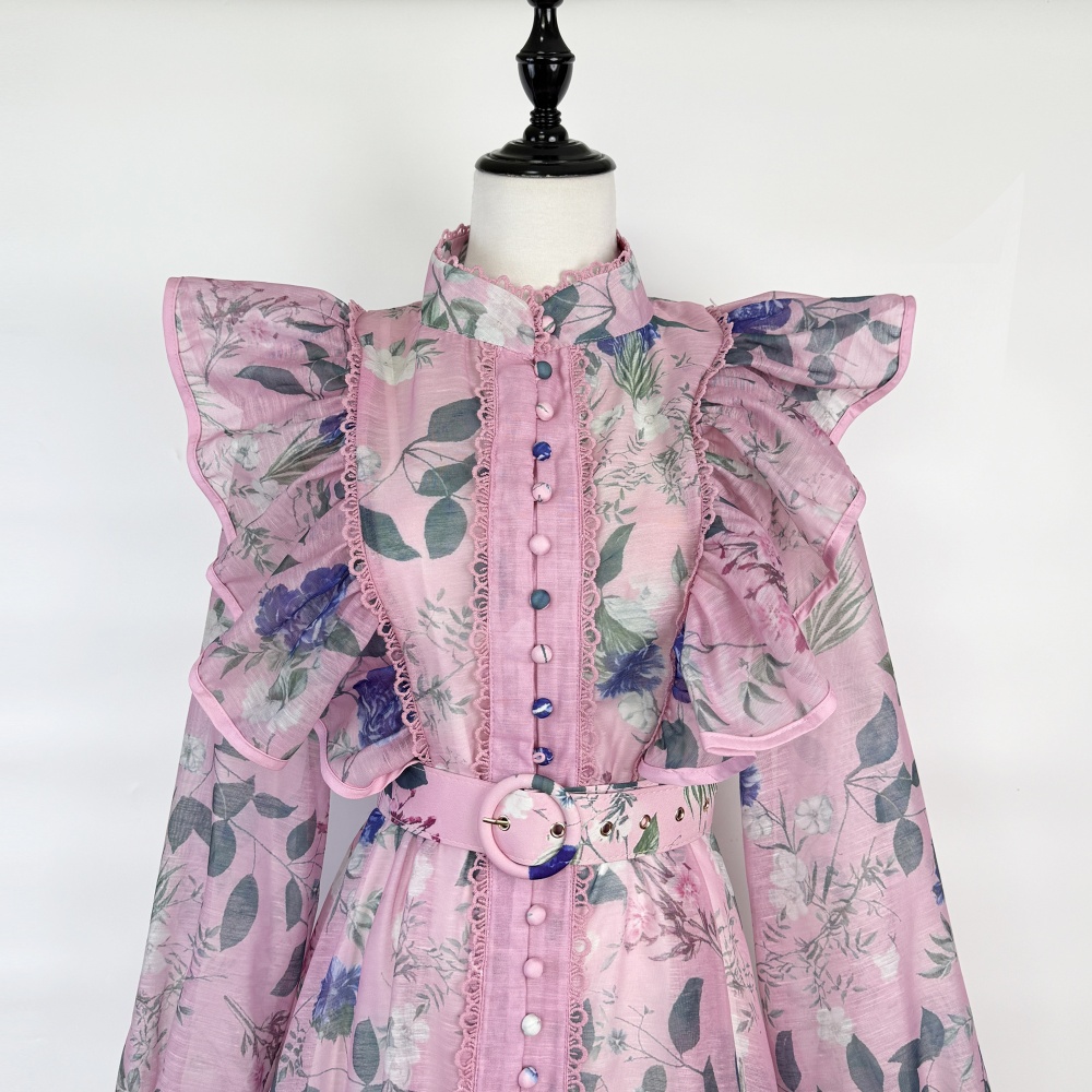 Splice lotus leaf edges belt lace light luxury dress