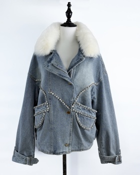 Diamond big fur collar tops loose zip coat