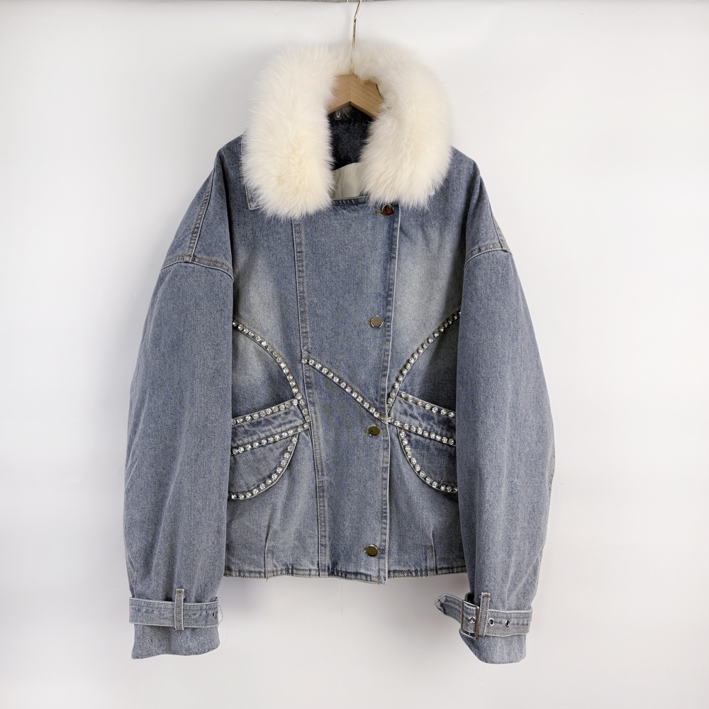 Diamond big fur collar tops loose zip coat