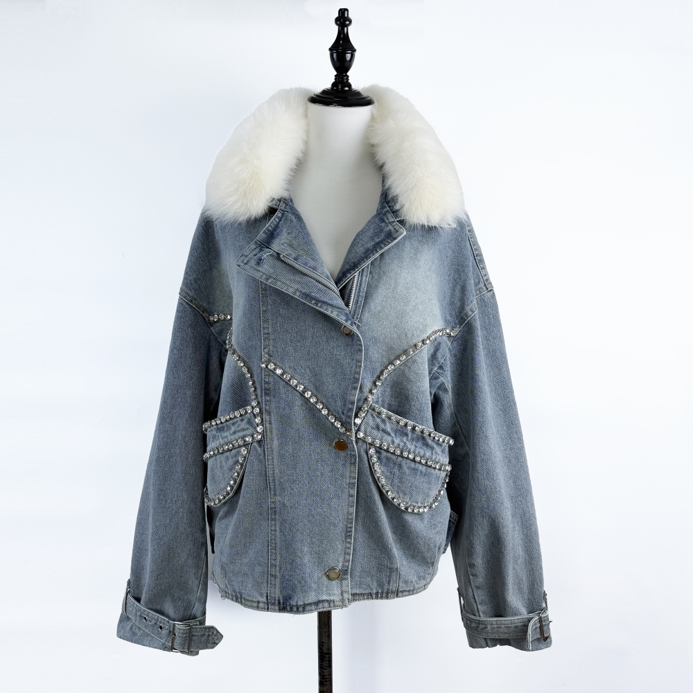 Diamond big fur collar tops loose zip coat