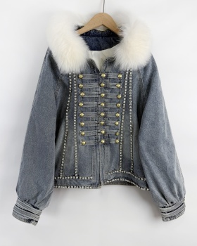 Diamond big fur collar zip coat loose luxurious overcoat
