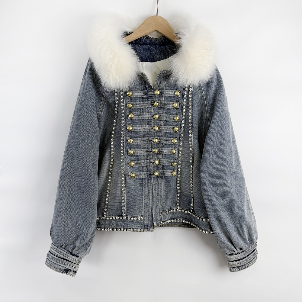Diamond big fur collar zip coat loose luxurious overcoat