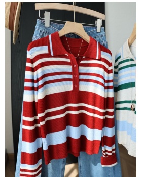 Mixed colors lapel slim sweater for women