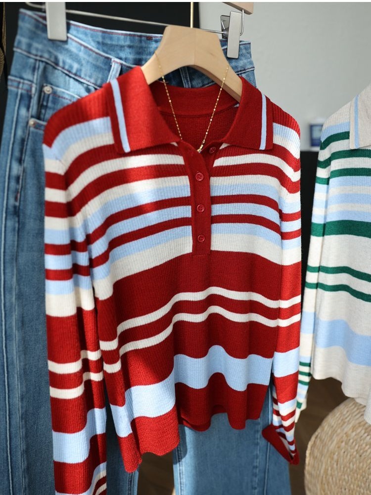 Mixed colors lapel slim sweater for women