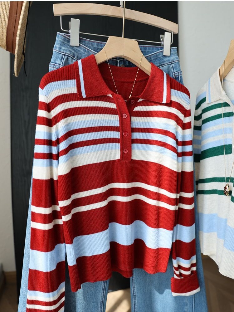 Mixed colors lapel slim sweater for women