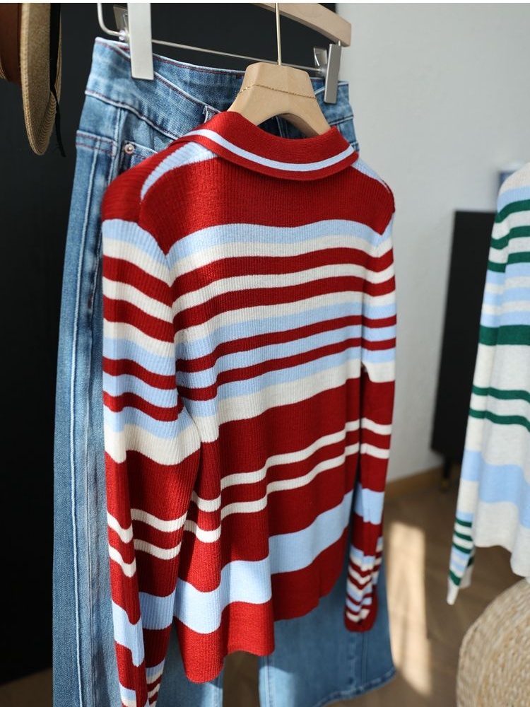 Mixed colors lapel slim sweater for women