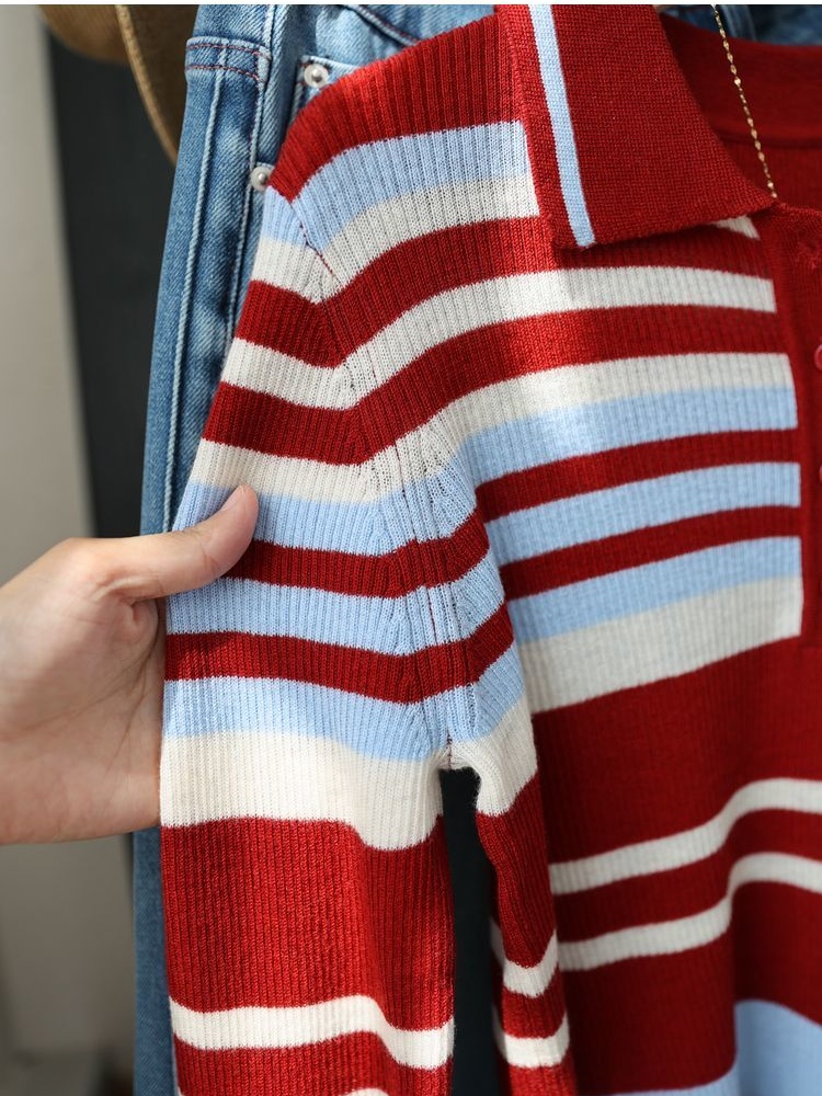 Mixed colors lapel slim sweater for women