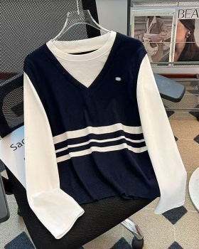 Pseudo-two college style sweater stripe tops for women