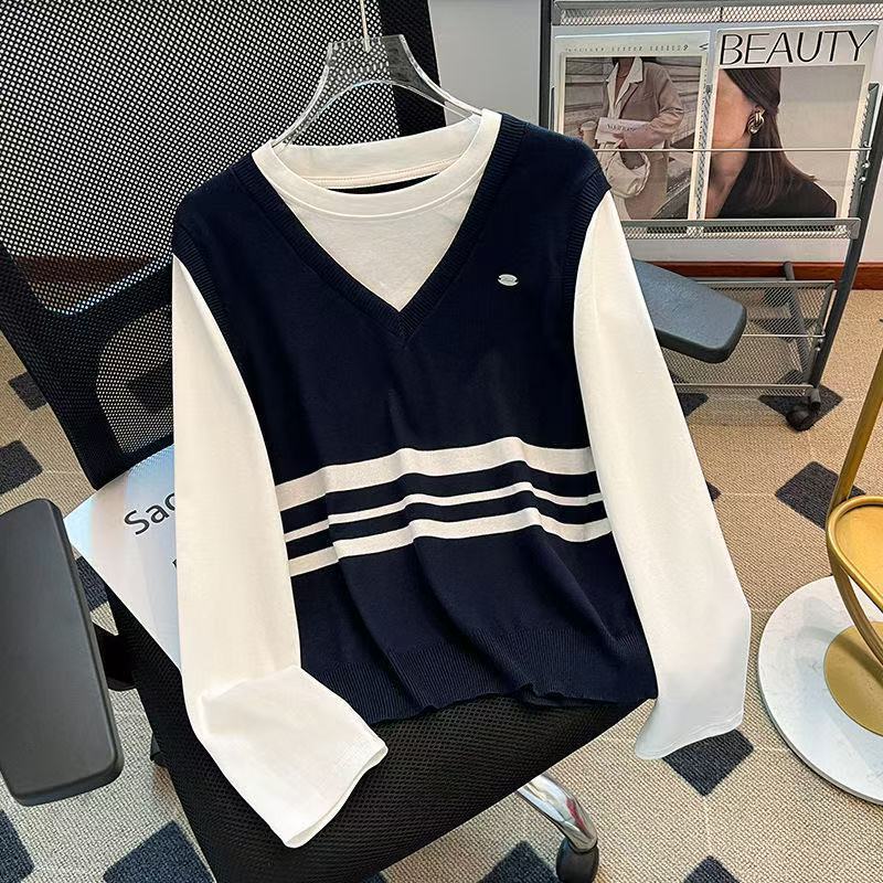 Pseudo-two college style sweater stripe tops for women