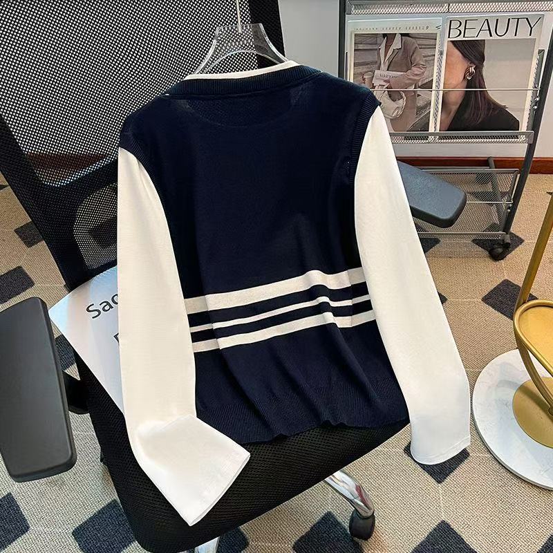 Pseudo-two college style sweater stripe tops for women