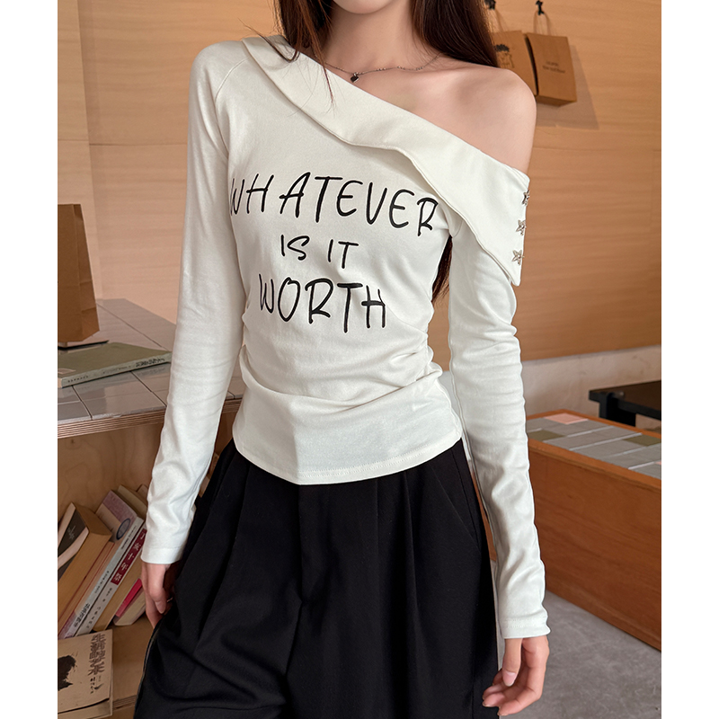Sloping shoulder T-shirt long sleeve bottoming shirt for women