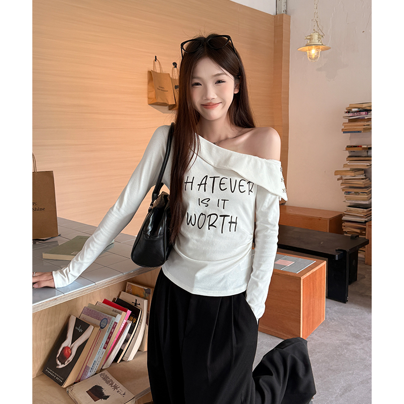 Sloping shoulder T-shirt long sleeve bottoming shirt for women
