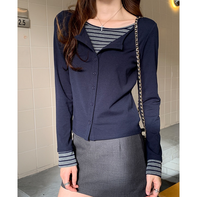 Slim stripe bottoming shirt mixed colors T-shirt