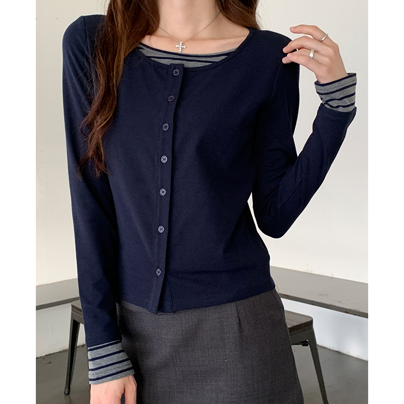 Slim stripe bottoming shirt mixed colors T-shirt