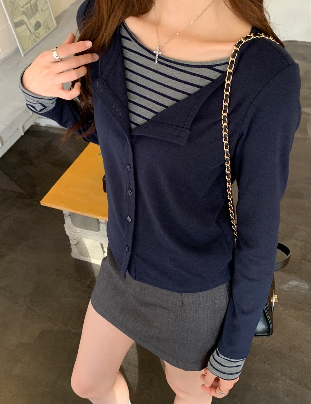 Slim stripe bottoming shirt mixed colors T-shirt