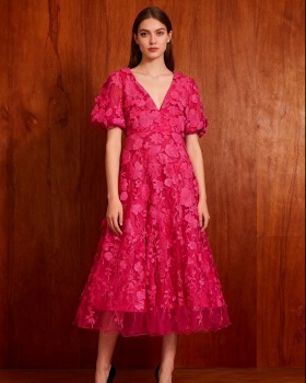 V-neck high waist dress puff sleeve stitching long dress