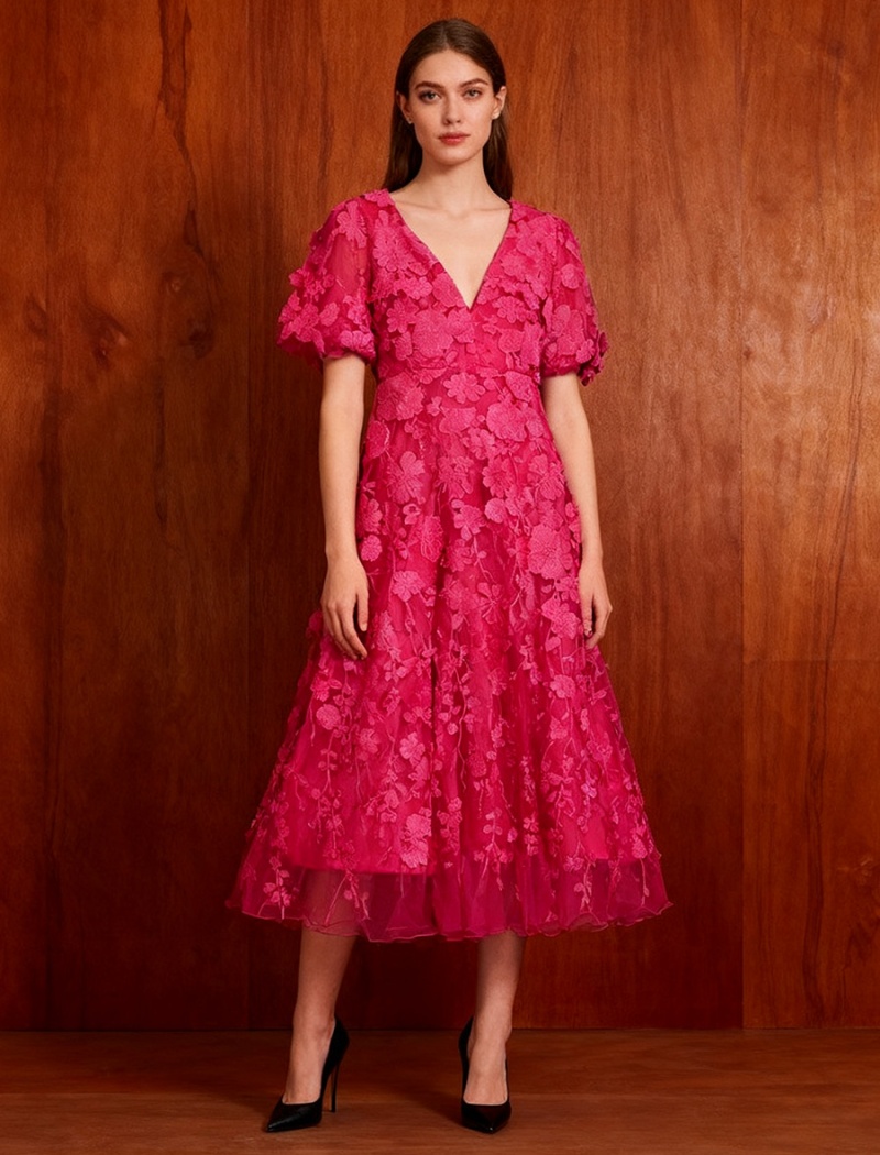 V-neck high waist dress puff sleeve stitching long dress
