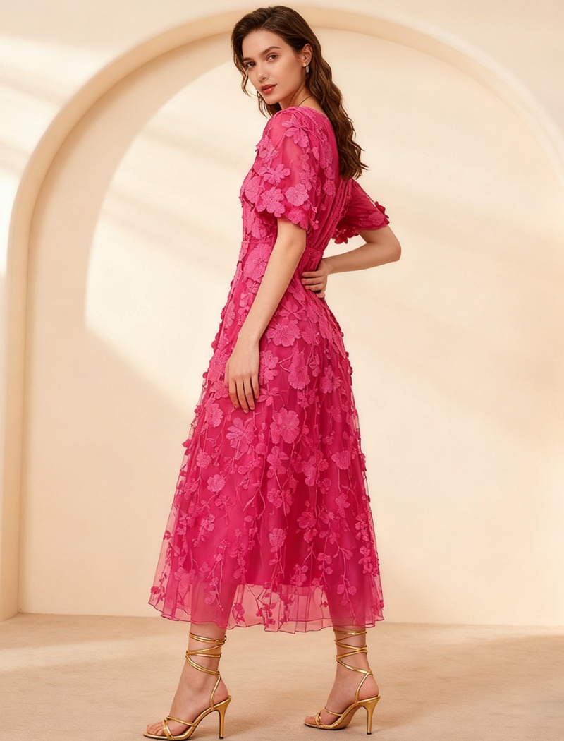 V-neck high waist dress puff sleeve stitching long dress