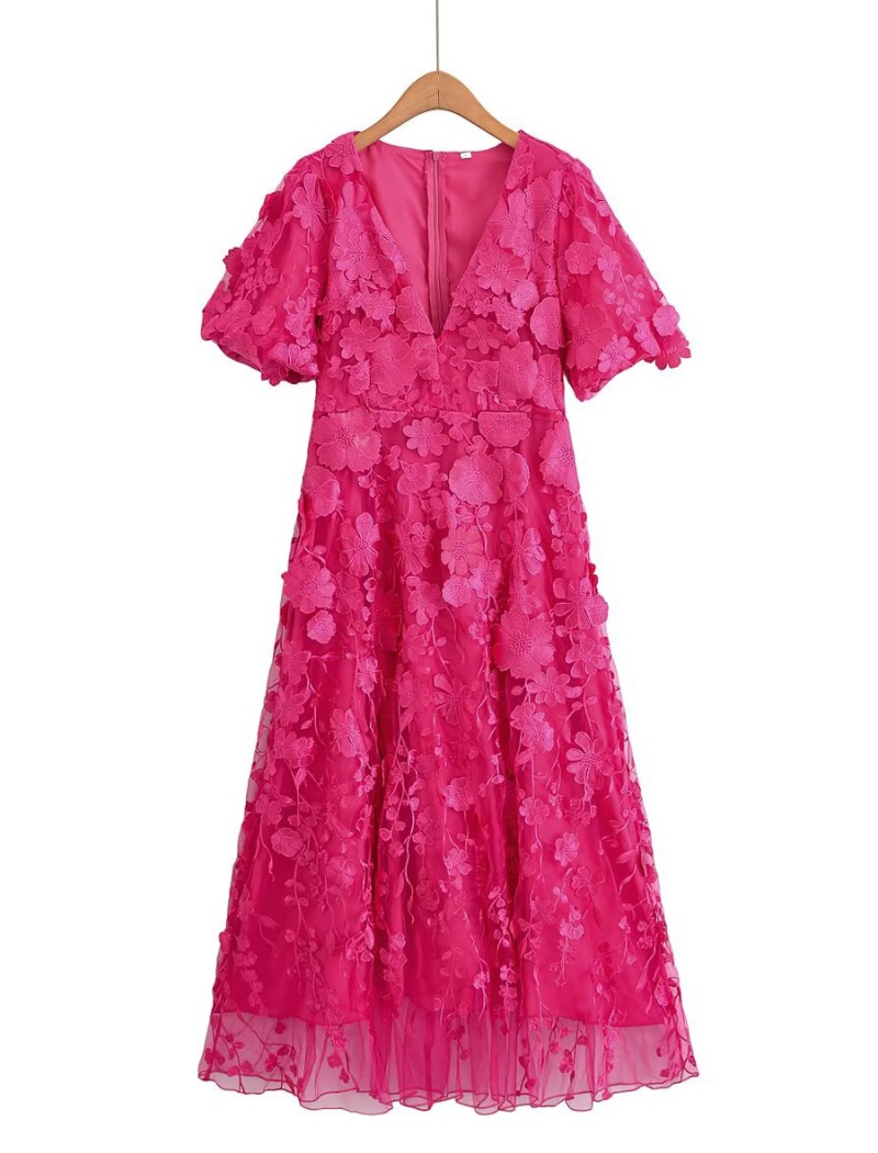 V-neck high waist dress puff sleeve stitching long dress