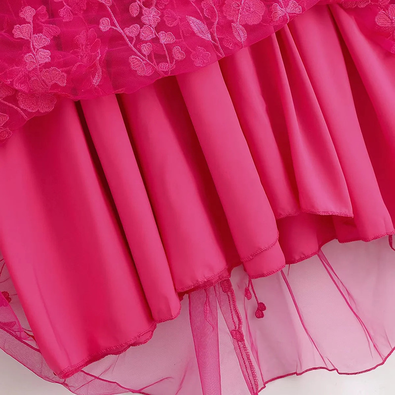 V-neck high waist dress puff sleeve stitching long dress
