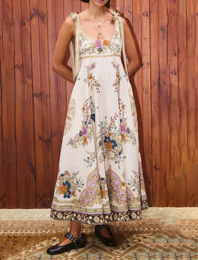 Flowers printing strap dress retro long dress for women
