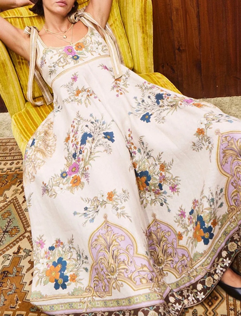 Flowers printing strap dress retro long dress for women