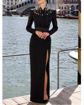 Rhinestone elegant long dress black autumn dress for women